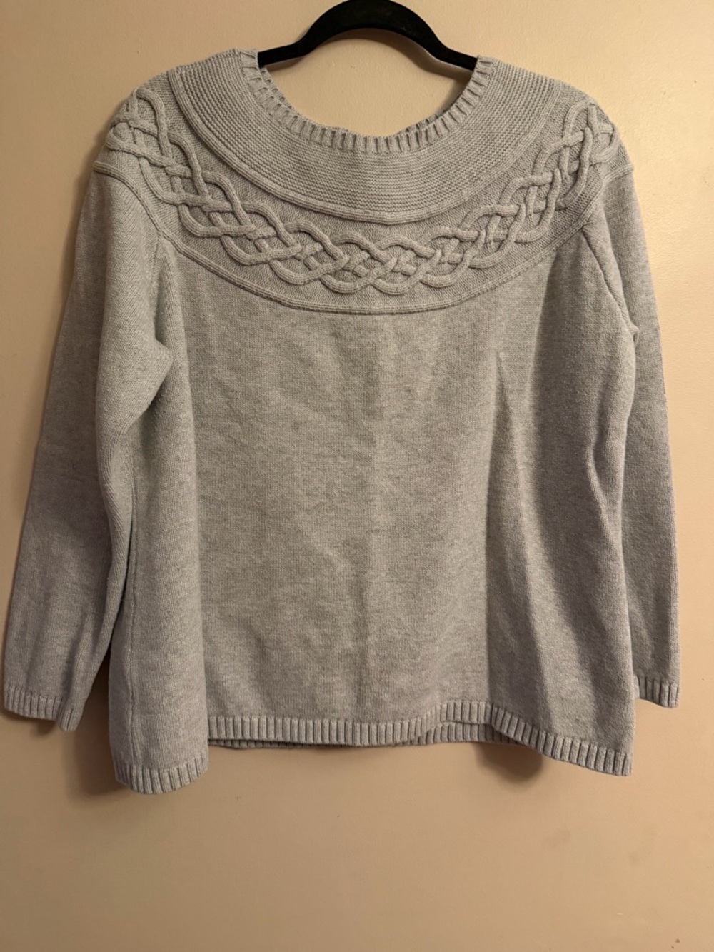 Talbots Light Gray Cable-Yoke Crewneck Sweater